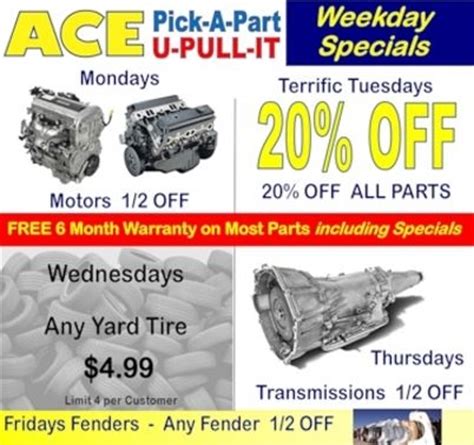 Ace pick-a-part price list. Specialties: Ace Pick A Part is a Self-Service "U Pull It" Used Auto and Truck Part Facility, located in Jacksonville FL since 1986, that provides you with over 2500 Cars, Trucks and Vans: Early to Late models, Compact to XL. It's Easy! Ace buys thousands of cars, inventories the vehicles you're looking for, put out the complete vehicle, then you come … 
