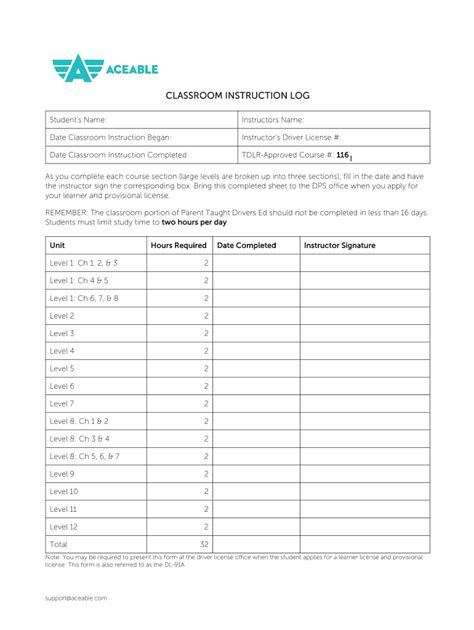 Aceable Classroom Instruction Log Form Fill Out and Sign Printable