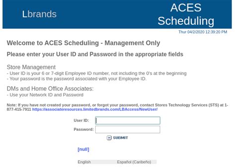 Aces Limited Brands Associate Login (2024) 1. Limited Brands ACES ETM Employee. There is a portal, commonly known as the ACES ETM portal, through which Lbrands employees can access their paystubs, work schedules, benefits information, .... 