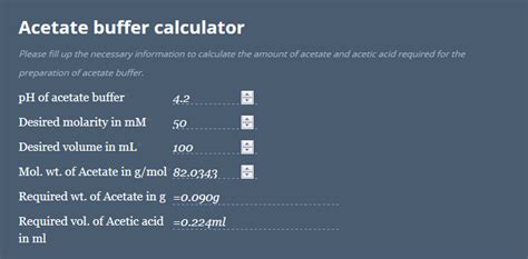 Acetate buffer calculator.  The following tool helps to calculate the volume o...
