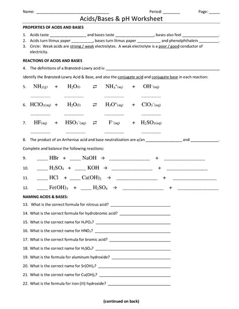 Acids Bases and pH Worksheet Practice Problems Exercises