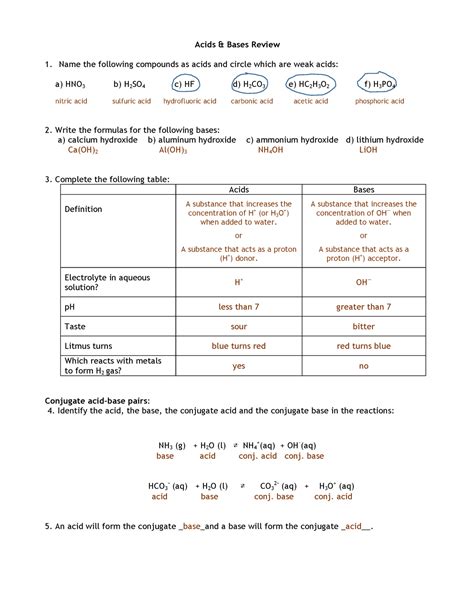 Acids and Bases basic worksheet