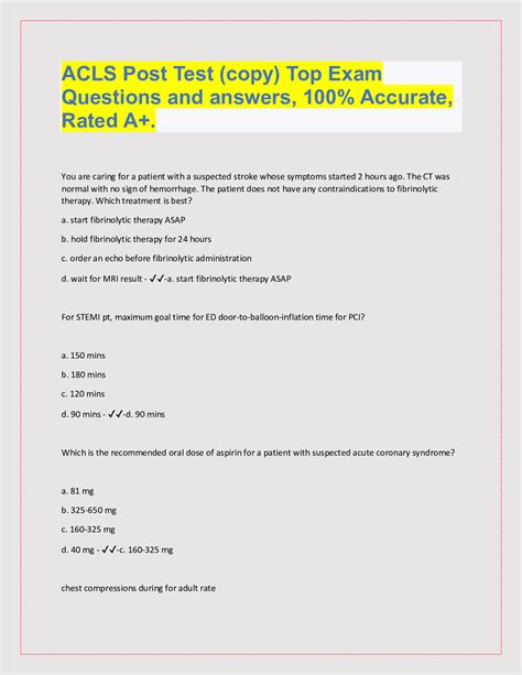 WOW ACLS Post Test Answer Key 2023: This is a specimen create of the Canadian Hearts Association (AHA) Advanced Cardiac Life Backing Precourse Self-Assessment Test Your with Answer Keys. There are adenine total of 50 multiple-choice inquiries for which AHA ACLS Post-Test with answer keys. The Advanced Cardiovascular Lived Support …