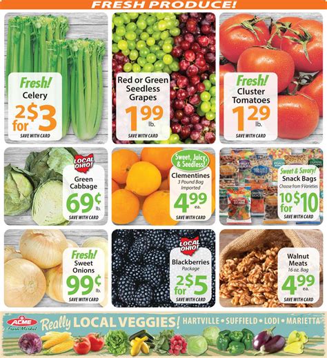 Acme fresh markets weekly ad. Use the coupon database to find coupons that you may need. Many other current and early ad scans posted including the Dollar General weekly ad, CVS weekly ad, Target weekly ad, Kroger weekly ad, Walgreens weekly ad, Rite Aid Weekly Ad, and many more on the Weekly Ad Previews Page here! Ad images are for illustration and … 