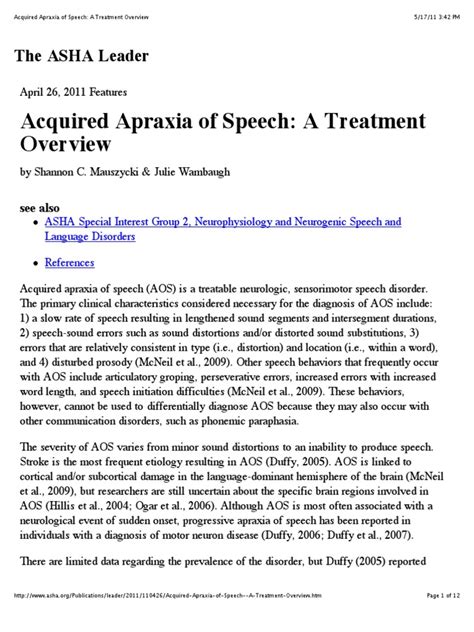 Acquired Apraxia of Speech Treatment Overview pdf