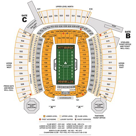  Club Level Seating Chart – Acrisure Stadium (Formerly Heinz Field Stadium) There are two Club Levels in Acrisure Stadium (Heinz Field Stadium) i.e. West Club and UPMC East Club. Both the clubs have premium facilities for the guests including bar and dining facilities. The Heinz field Club Level consists of sections 205-216 and 229-240. 
