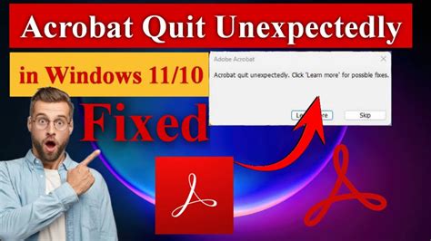 Acrobat quit unexpectedly. So far the "Acrobat quit unexpectedly" message has not shown up. I'll keep an eye on it. Here are the details for the 23.006.20360 Optional update, Oct 17, 2023 update or hotfix. Nothing specific about the problem we've been having. Votes. 1 Upvote Translate. Translate. Report. Report. Follow; Report; More. 
