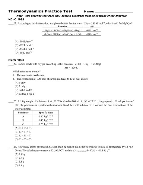 Acs Thermodynamics Practice Test