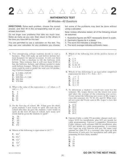 Act Math Practice Test 2 60 Question Full Test With Pdf And Solution