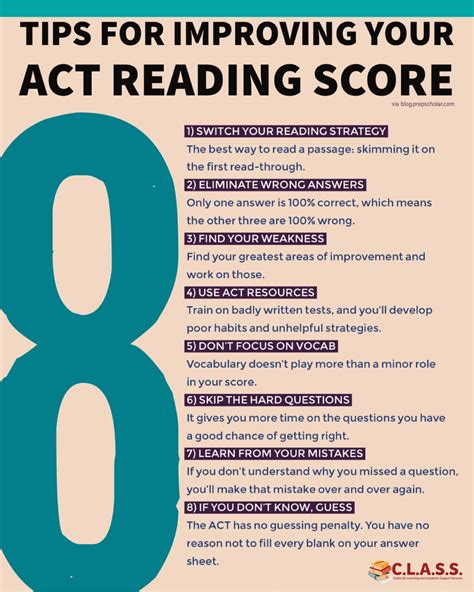 Act reading tips. Tips and Strategies for Purpose Questions. 1) Read the entire passage before trying to answer any question on any passage. By looking at the questions beforehand, you may not understand the overarching ideas in a passage. 2) Take notes in your test booklet. When you’re taking notes, whether it’s underlining or annotating, you’re being an ... 