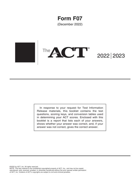 ACT真题 2022年12月 (编号F07) ACT Real Test 2022 December (F07)