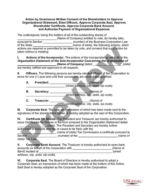 Action by Unanimous Written Consent of the Shareholders to Approve