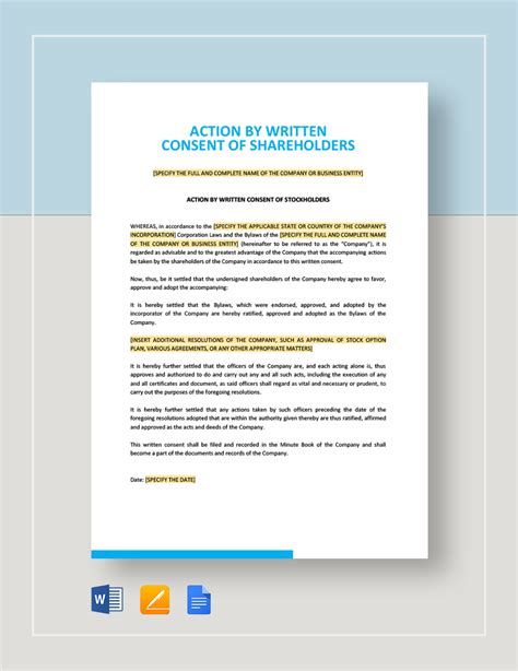 Action by Written Consent of Shareholders Template in Word, Apple Pages