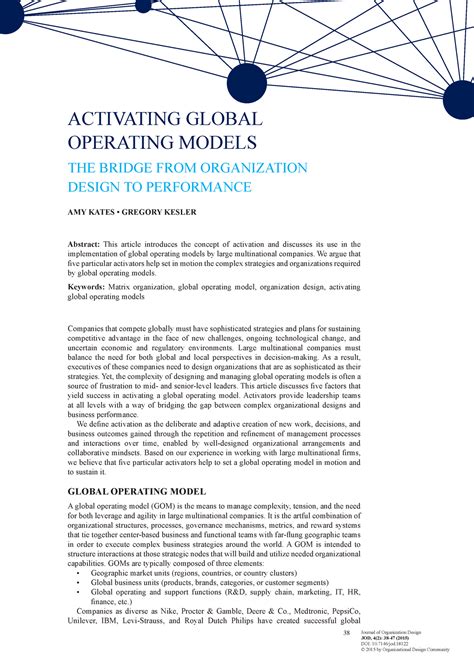 Activating Global Operating Models The bridge from.