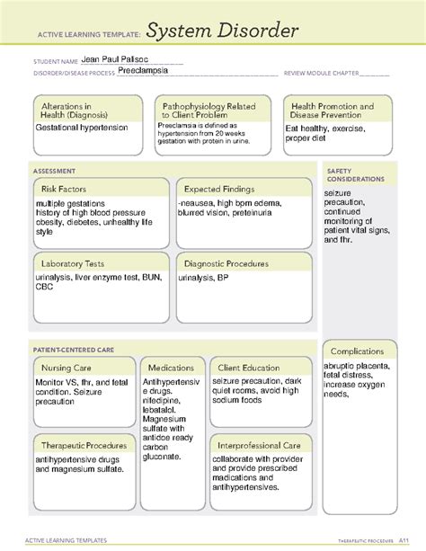 Active Learning Template System Disorder Preeclampsia Free Printable