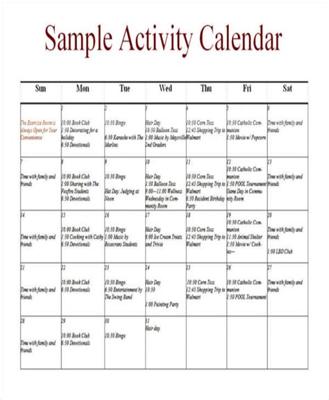 Activities Calendar Template