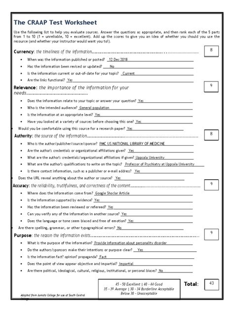 Activity CRAAP Test Worksheet PDF Psychology Psychological Concepts