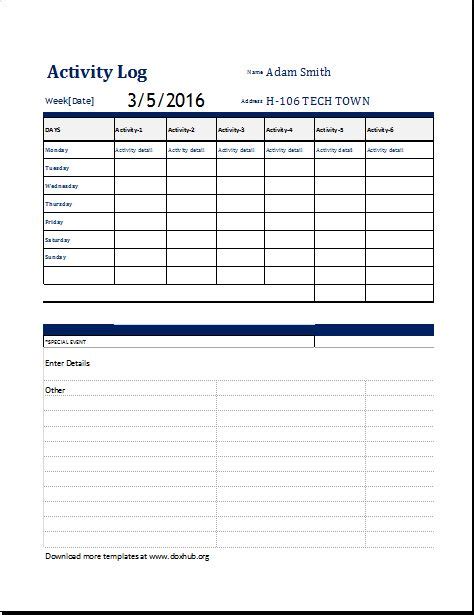 Activity Log Template For Ms Excel And Openoffice Document Hub
