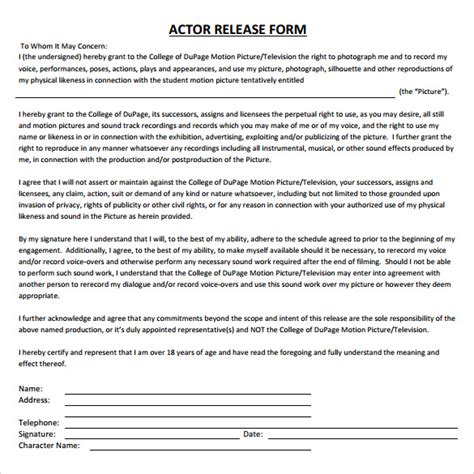 Actor Release Form Release Forms Release Forms