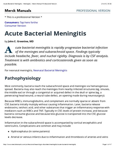 Acute Bacterial Meningitis Meningitis Merck Manual Professional Version