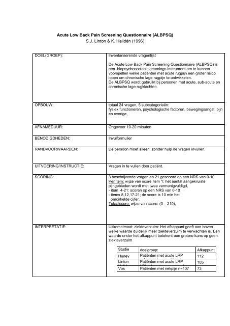 Acute Low Back Pain Screening Questionnaire (ALBPSQ) S.J.