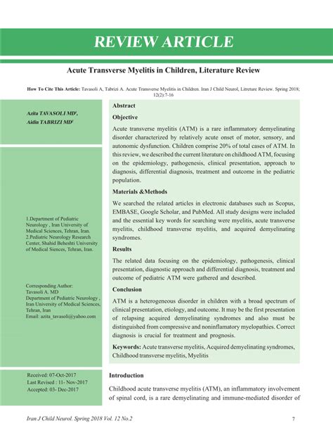 Acute Transverse Myelitis in Children, Literature Review.