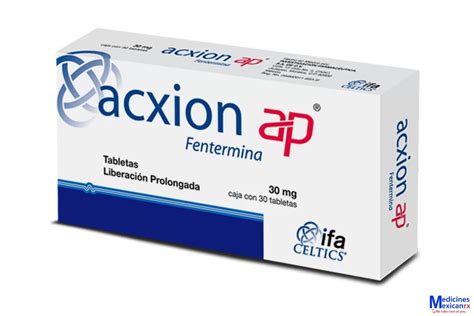 Acxion Fentermina 30mg is used, for a limited period of time, to accelerate weight loss in overweight people who exercise and eat a low-calorie diet. Acxion Fentermina 30mg is a class of medications called anorexigens. It works by reducing your appetite. Acxion Fentermina is a brand of Phentermine that is manufactured and sold in Mexico..