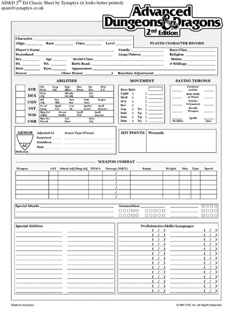 Ad D 2nd Edition Character Sheet Printable