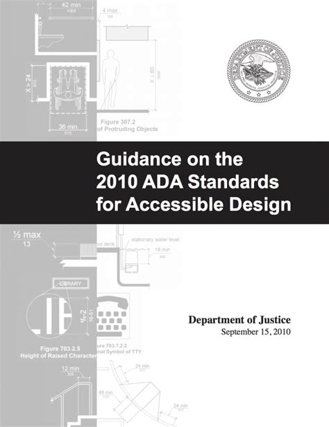 The Department of Justice's revised regulations for Titles II and III of the Americans with Disabilities Act of 1990 (ADA) were published in the Federal Register on September 15, 2010. These regulations adopted revised, enforceable accessibility standards called the 2010 ADA Standards for Accessible Design, "2010 Standards."On March 15, 2012, compliance with the 2010 Standards was required .... 