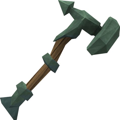 It is an adamant off hand warhammer that has been upgraded once. It can be made at a forge and anvil using 2 adamant bars and an adamant off hand warhammer , requiring 800 progress to complete, granting a total of 340 Smithing experience.. 