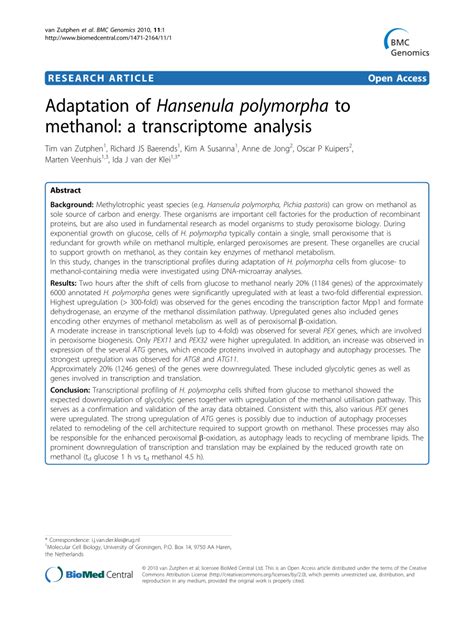 Adaptation of Hansenula polymorpha to methanol a transcriptome analysis pdf