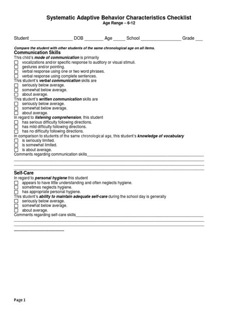 Adaptive Behavior Checklist Age Range 6 13 docx