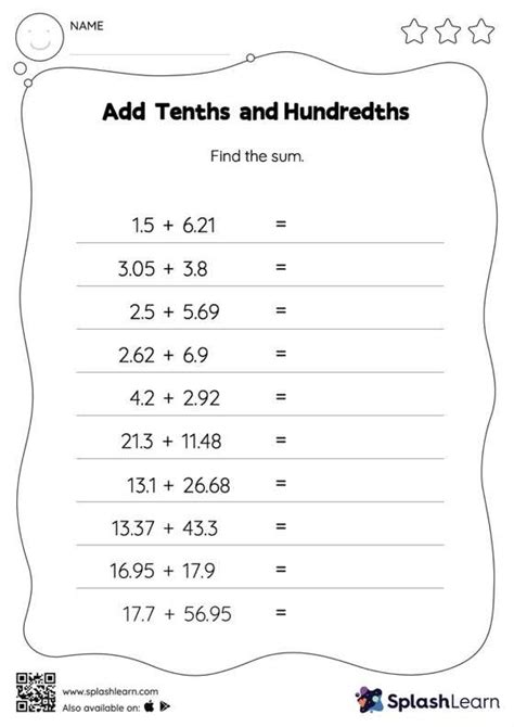 Add Tenths and Hundredths Horizontal Addition Math Worksheets