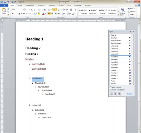 Add multilevel lists in Word 2010 (nested bullets or numbers)