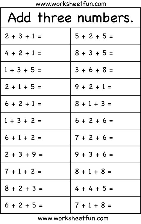 Add three single digit numbers Addition Maths Worksheets for Year 3