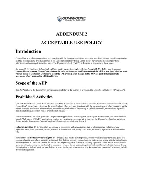 Addendum 2 Acceptable Use Policy CommCore