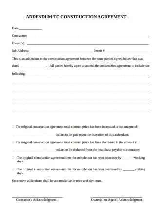 Addendum To Contract Sample Construction Contract Addendum Sample