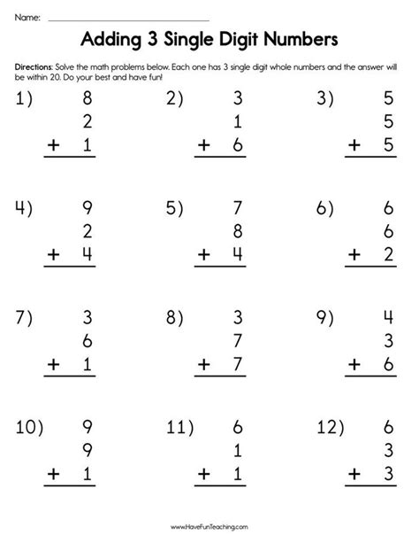 Adding 3 Single Digit Number Worksheet by Teach Simple
