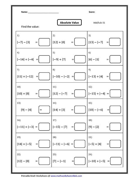 Adding And Subtracting Absolute Value Worksheet Printable And
