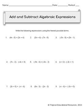 Adding And Subtracting Algebraic Expressions Worksheet Subtraction