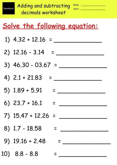 Adding And Subtracting Decimals Worksheet With Answers