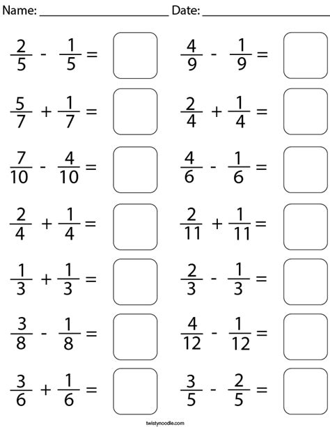 Adding And Subtracting Like Fractions Worksheet