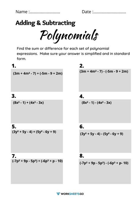 Adding And Subtracting Polynomials Practice Worksheet