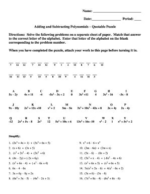 Adding And Subtracting Polynomials Quotable Puzzle Answer Key Fill