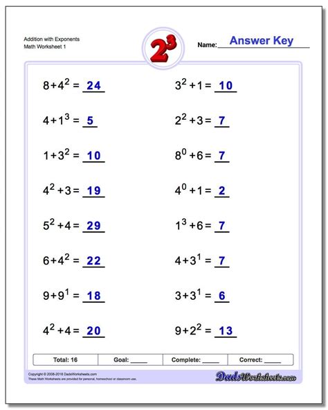 Adding Exponents Worksheets