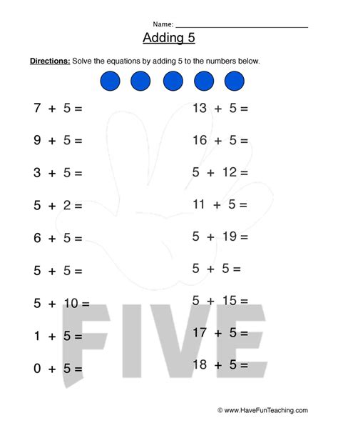 Adding Five Equations Worksheet by Teach Simple