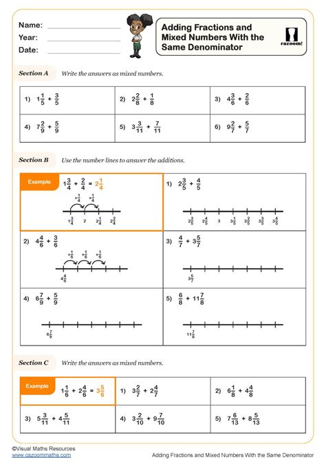 Adding Fractions and Mixed Numbers with the Same Denominator Worksheet