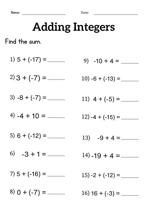 Adding Integers Worksheet Pdf