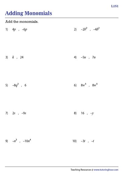 Adding Monomials Worksheets