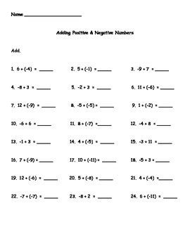 Adding Negative And Positive Numbers Worksheet